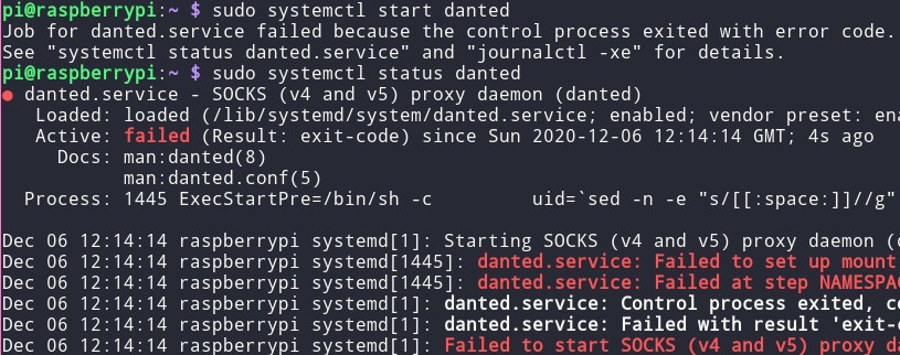 Ошибка запуска сервера Dante на Raspberry Pi OS